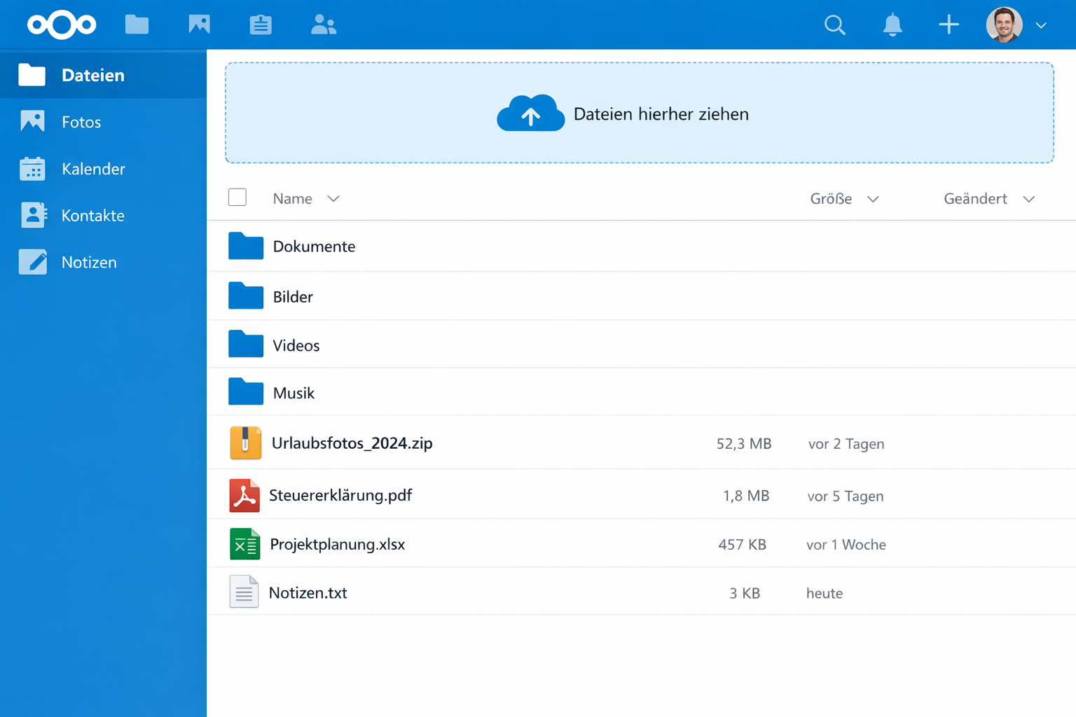 Nextcloud Web-Interface Dashboard mit deutscher Benutzeroberfläche und Dateiübersicht