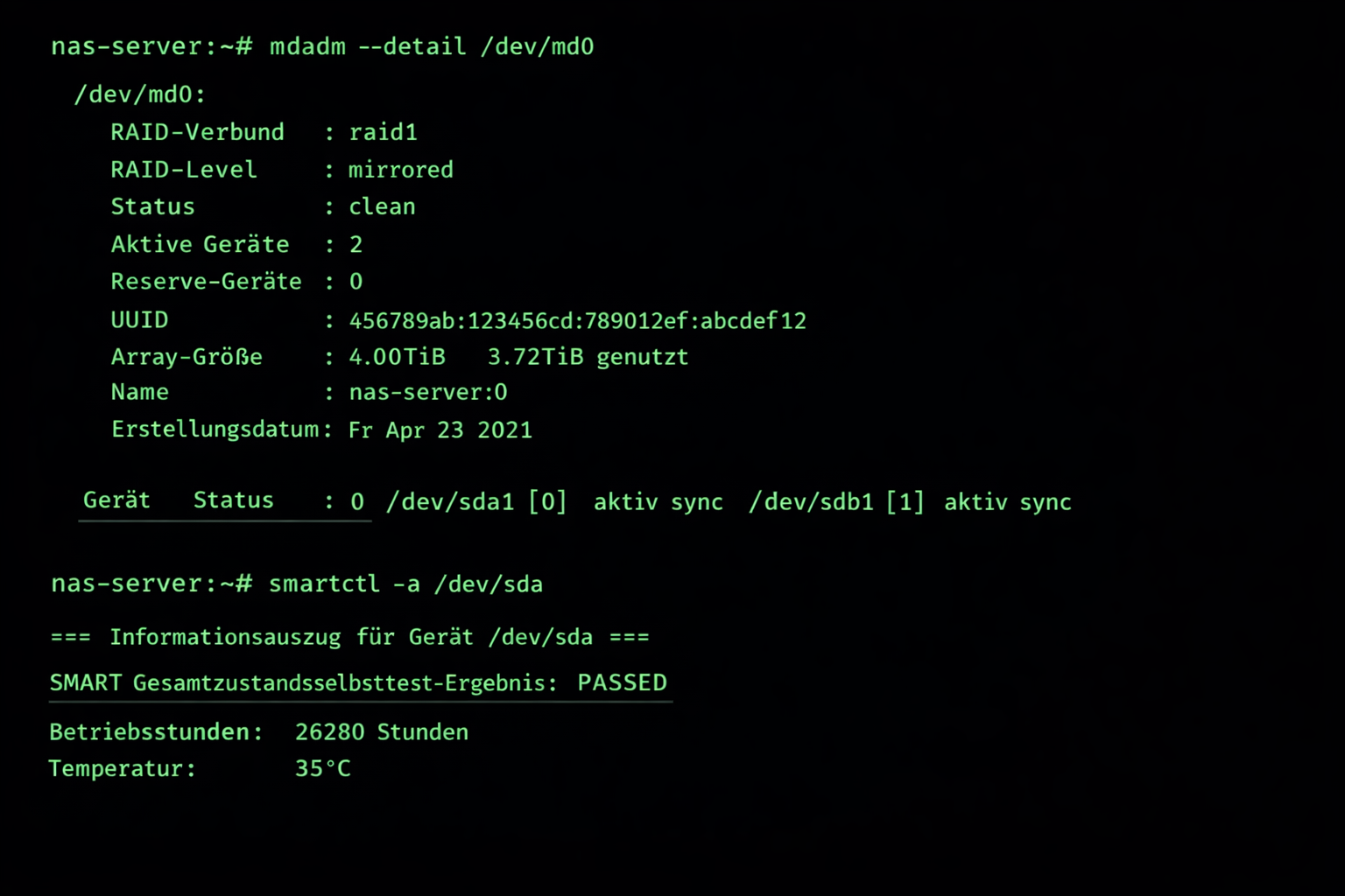 Linux Terminal mit RAID-Status und SMART-Gesundheitswerten von WD Red Pro Festplatten im NAS