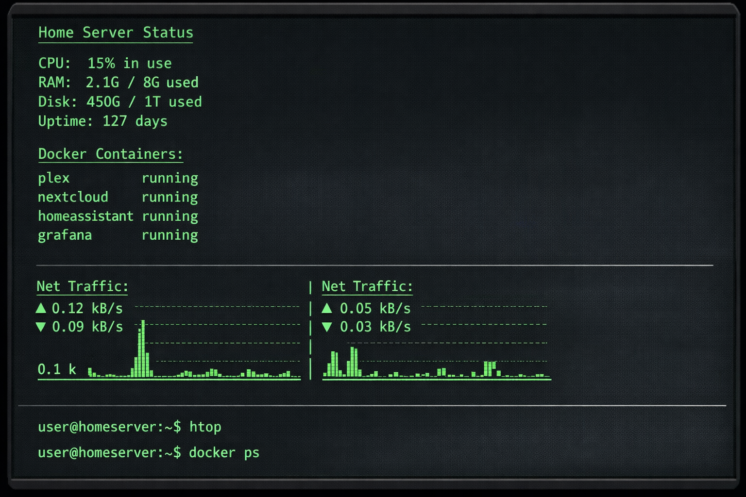 Home Server Terminal-Dashboard mit Systemüberwachung und Docker Container Status