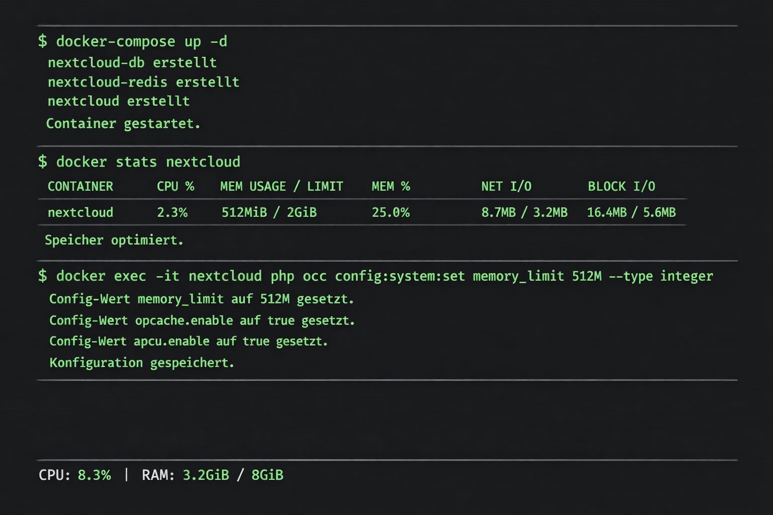 Terminal-Screenshot Docker-Compose Nextcloud Performance-Konfiguration mit Ressourcen-Monitoring