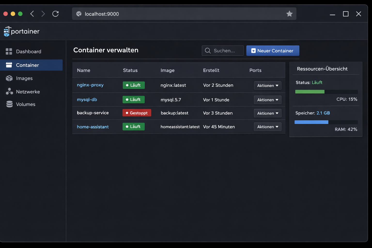 Portainer Container-Management Dashboard mit deutscher Benutzeroberfläche und laufenden Docker-Containern