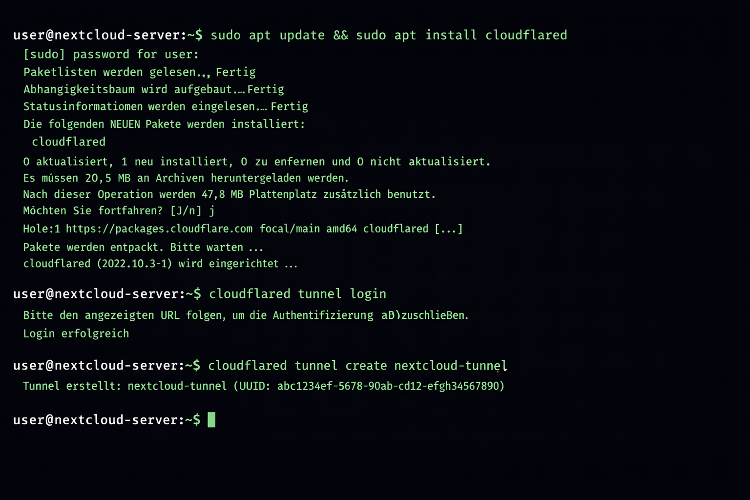 Terminal-Screenshot der Cloudflare Tunnel Installation mit Linux-Befehlen