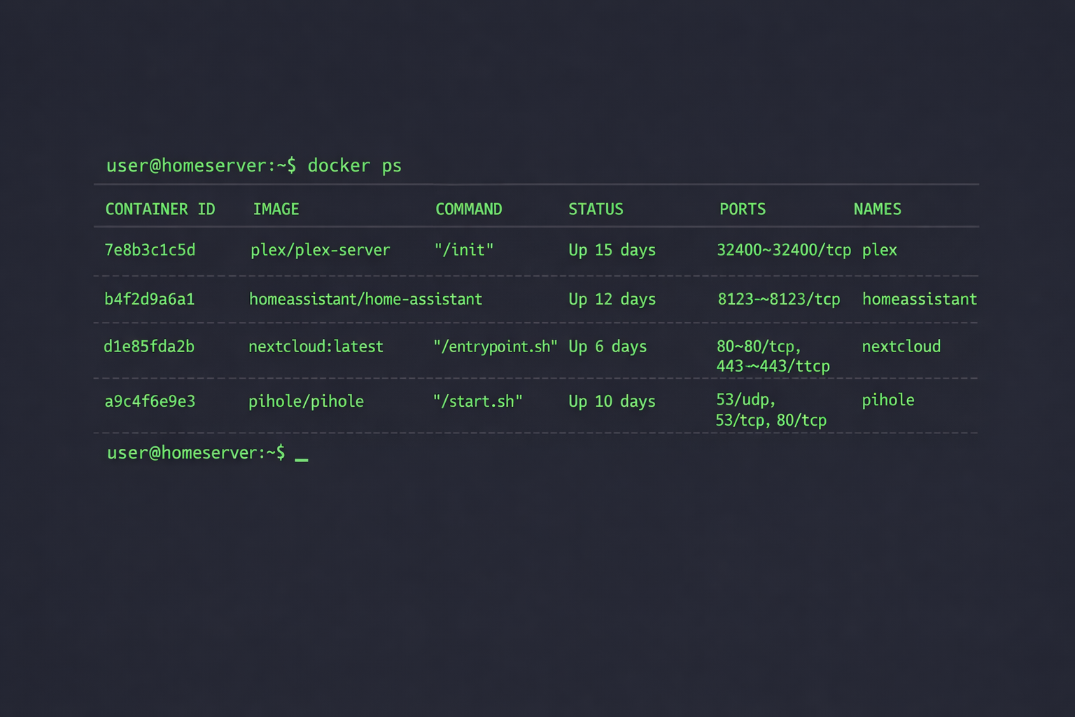 Docker Container Status Terminal-Screenshot zeigt laufende Home Server Services