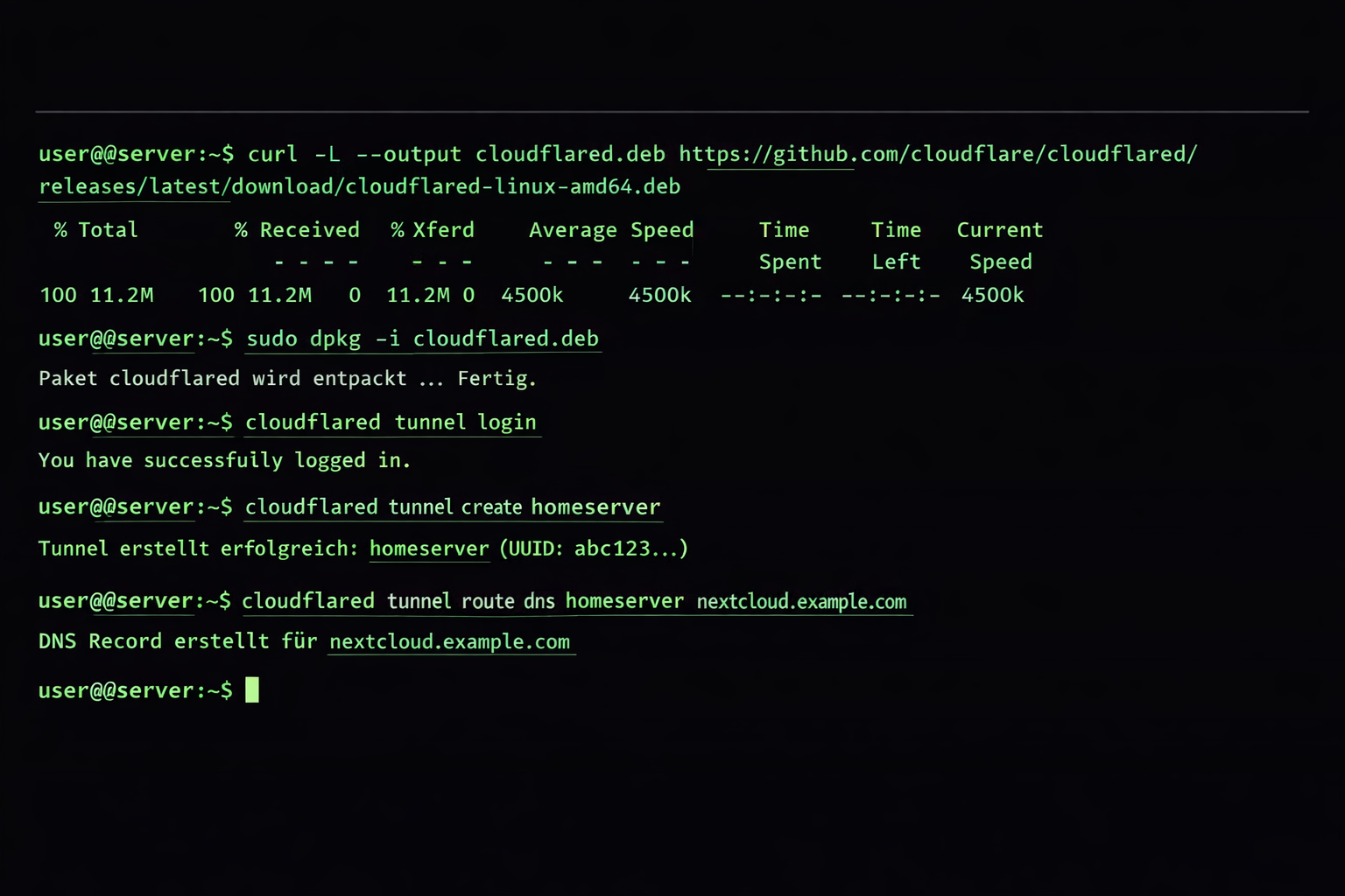 Terminal Screenshot: Cloudflare Tunnel Installation und Konfiguration mit deutschen Befehlen und Ausgaben