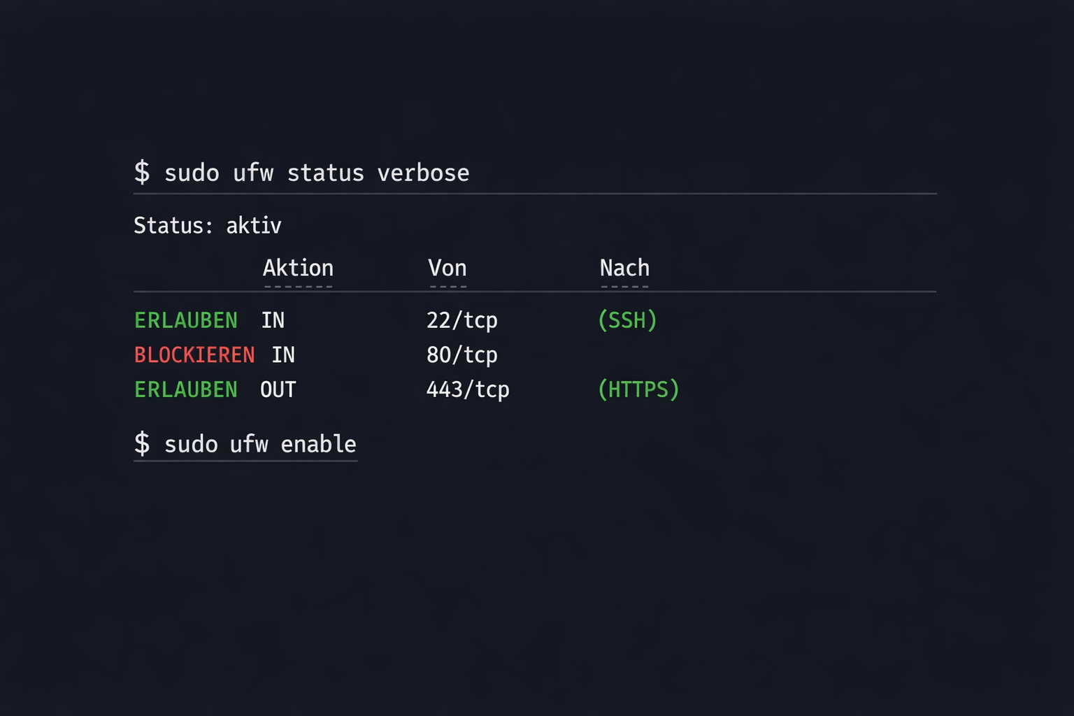 Linux Terminal Screenshot mit UFW Firewall-Konfiguration und Sicherheitsregeln