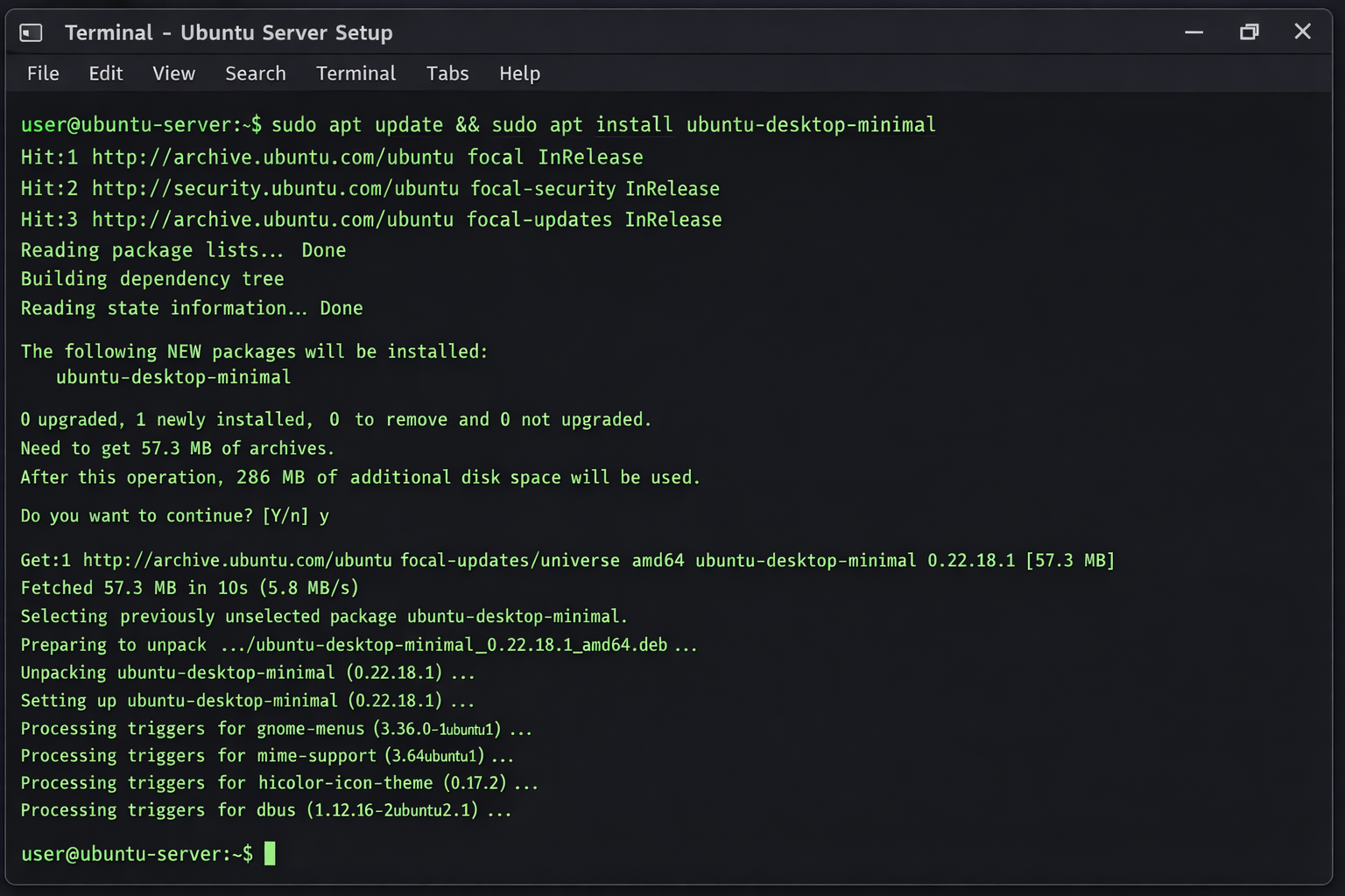 Ubuntu Server Terminal Screenshot während Betriebssystem-Installation auf Home Server Hardware