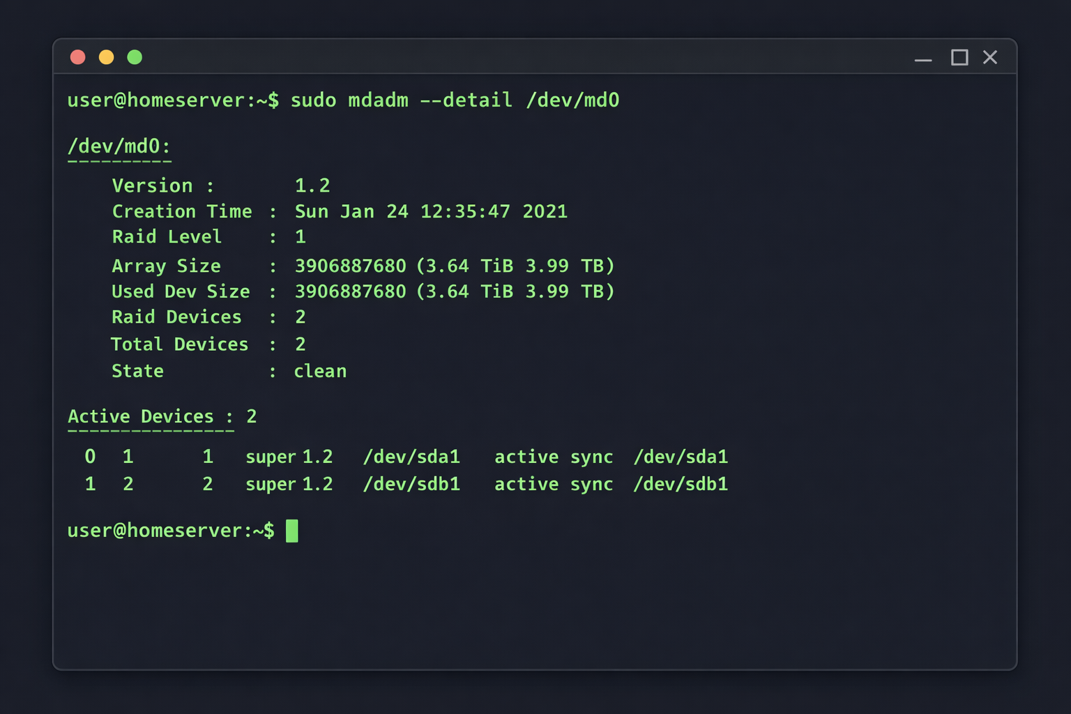 Linux Terminal Screenshot mit mdadm RAID-1 Status-Abfrage und Festplatten-Synchronisation für Home Server
