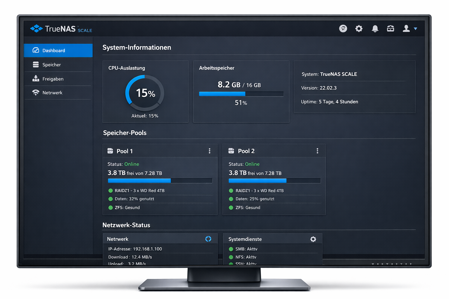 TrueNAS Scale Dashboard Screenshot mit System-Übersicht und deutscher Benutzeroberfläche