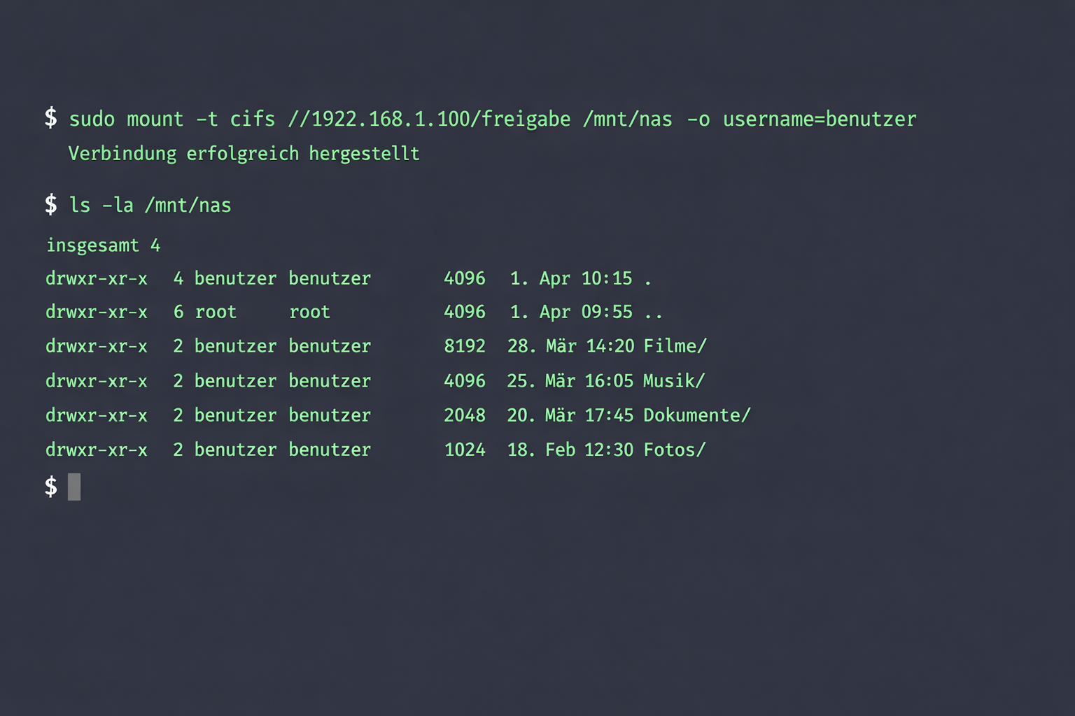 Terminal-Screenshot SMB-Mount-Befehl mit erfolgreicher NAS-Verbindung und Dateiliste