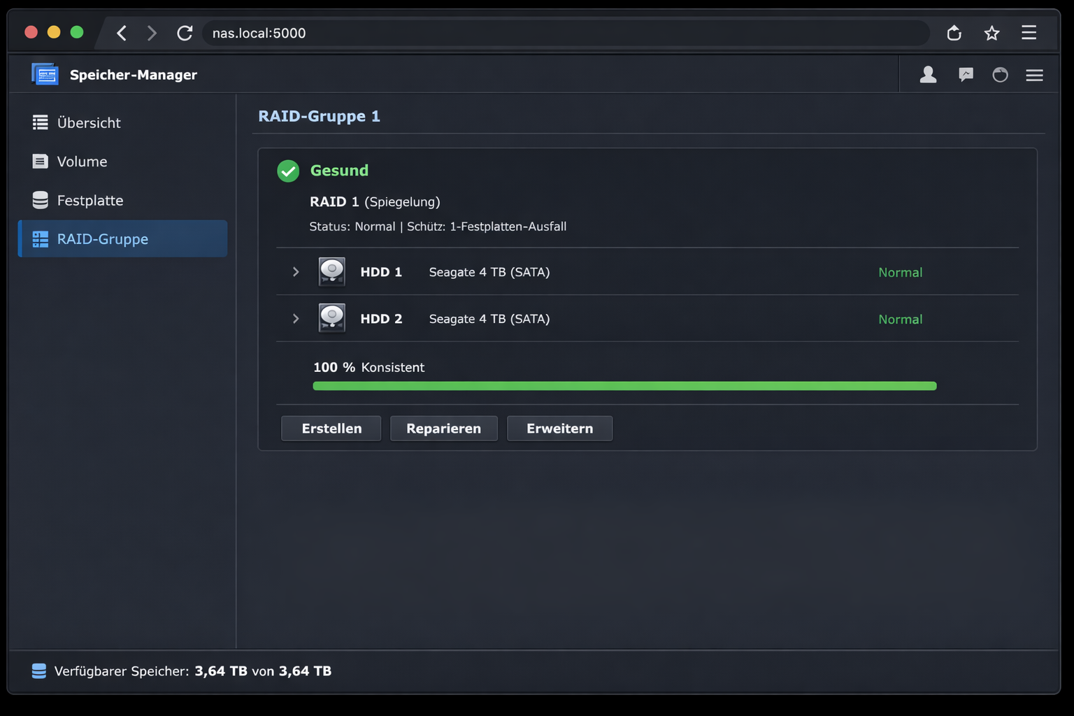 Synology NAS Verwaltungsoberfläche mit RAID 1 Konfiguration und Festplattenstatus