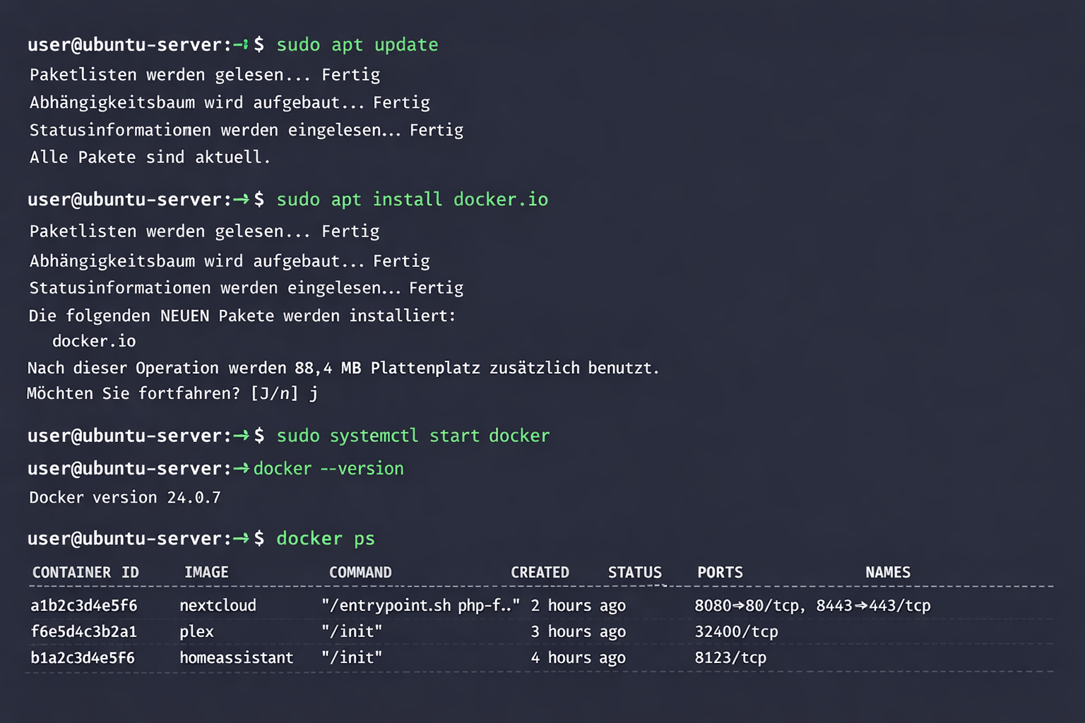 Terminal-Screenshot Docker Installation Ubuntu Server mit laufenden Home Server Containern