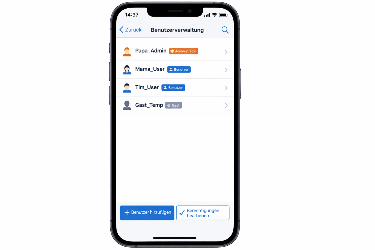 NAS Mobile App Screenshot der Benutzerverwaltung mit verschiedenen Benutzertypen