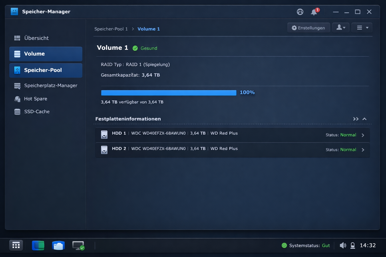 Synology NAS Speicher-Manager Screenshot mit RAID 1 Konfiguration und zwei 4TB Festplatten