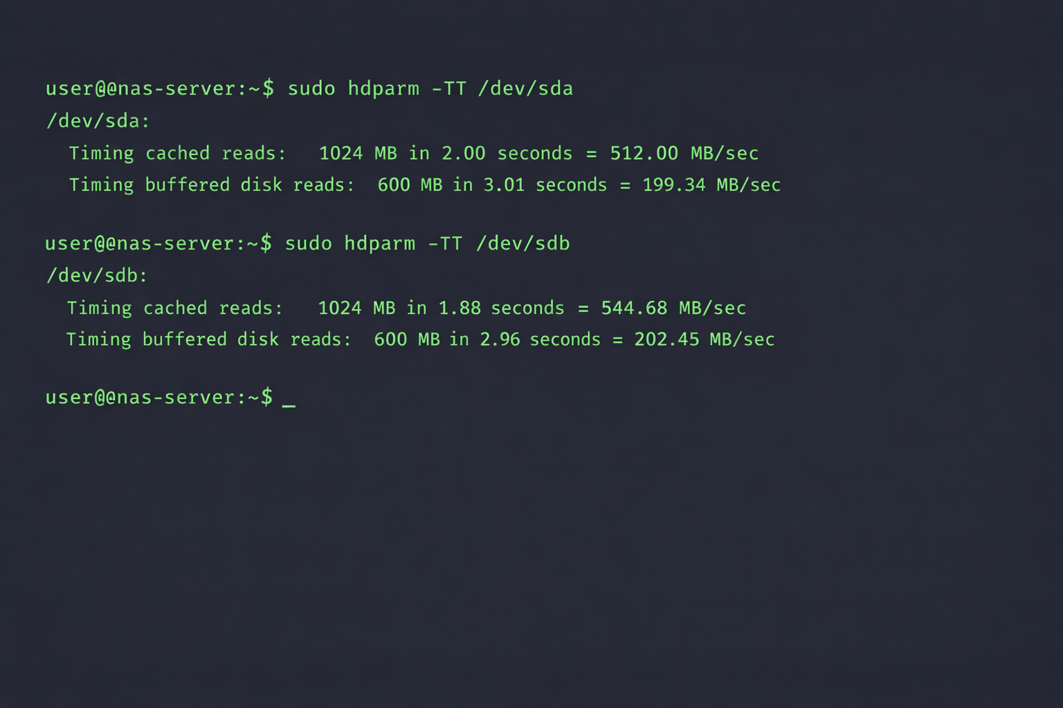 Terminal hdparm Benchmark-Test WD Red Plus vs Seagate IronWolf Festplatten Geschwindigkeit