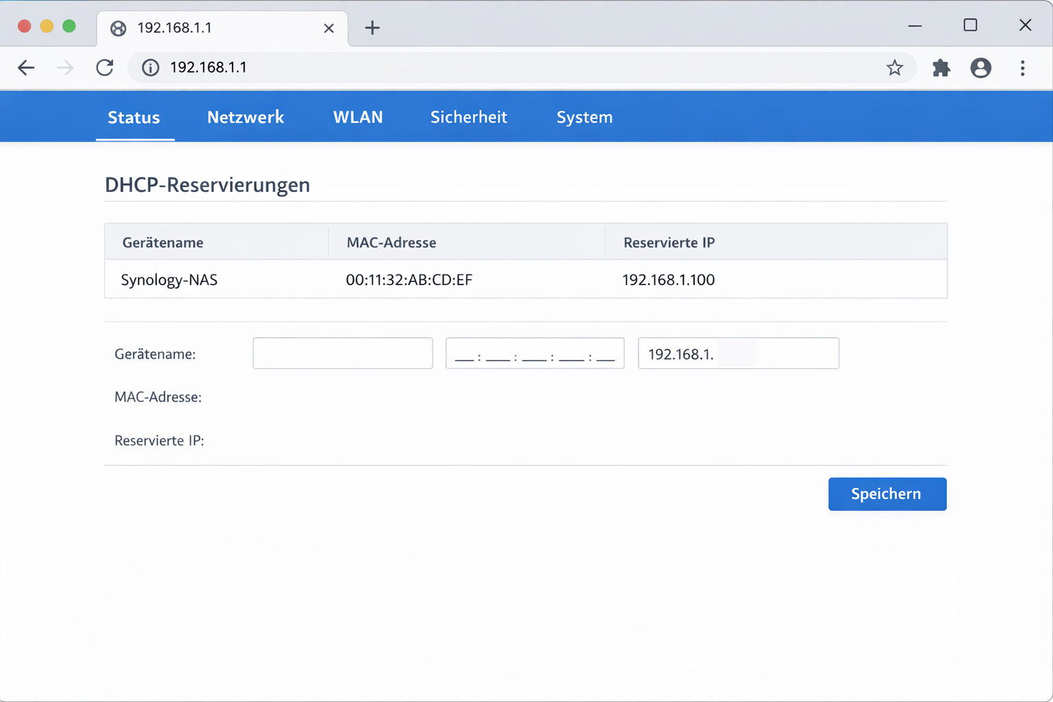 Router DHCP-Reservierung Weboberfläche für NAS IP-Konfiguration
