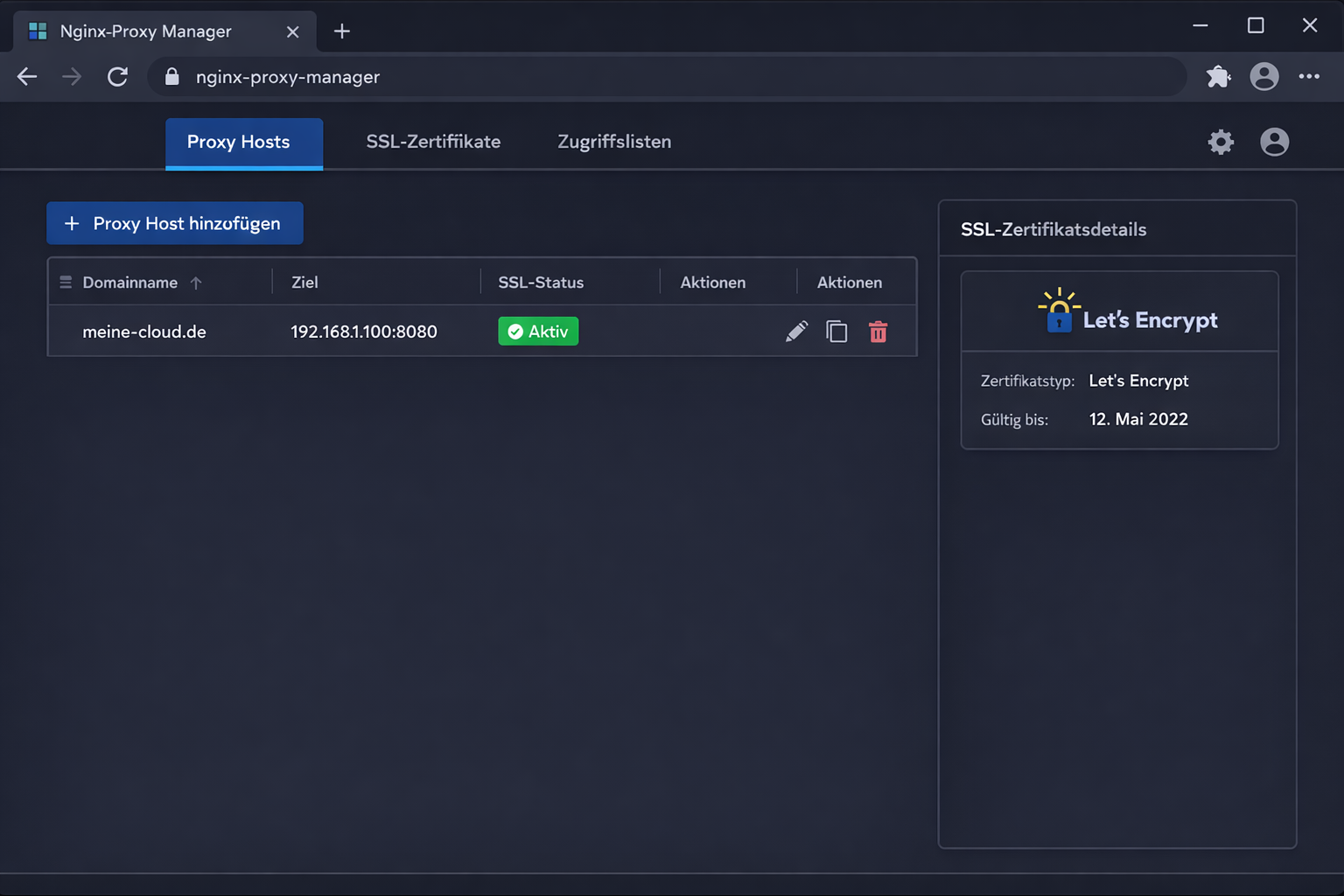 Nginx Proxy Manager Interface mit konfiguriertem Nextcloud Reverse Proxy und SSL-Zertifikat