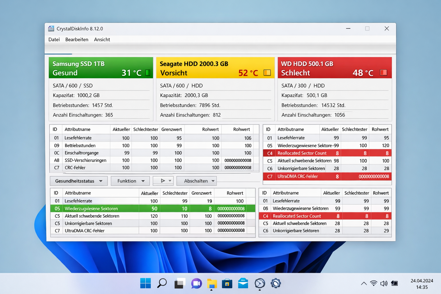 CrystalDiskInfo Screenshot mit SMART-Status von drei Festplatten