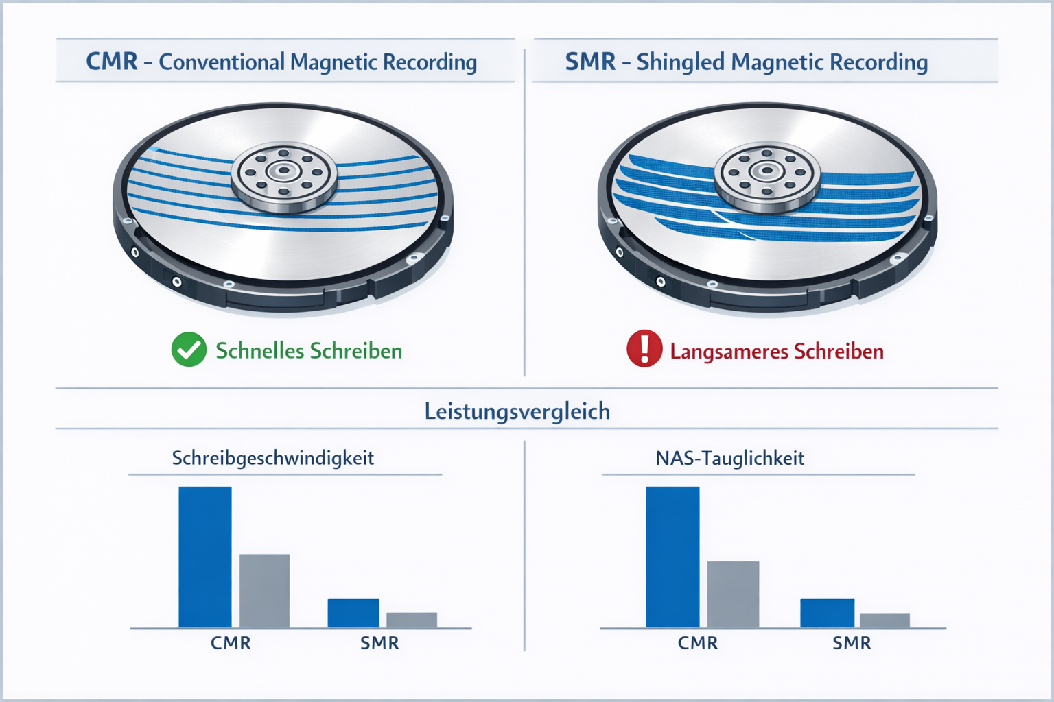 CMR vs SMR Festplatten-Technologie Vergleichsdiagramm für NAS-Systeme