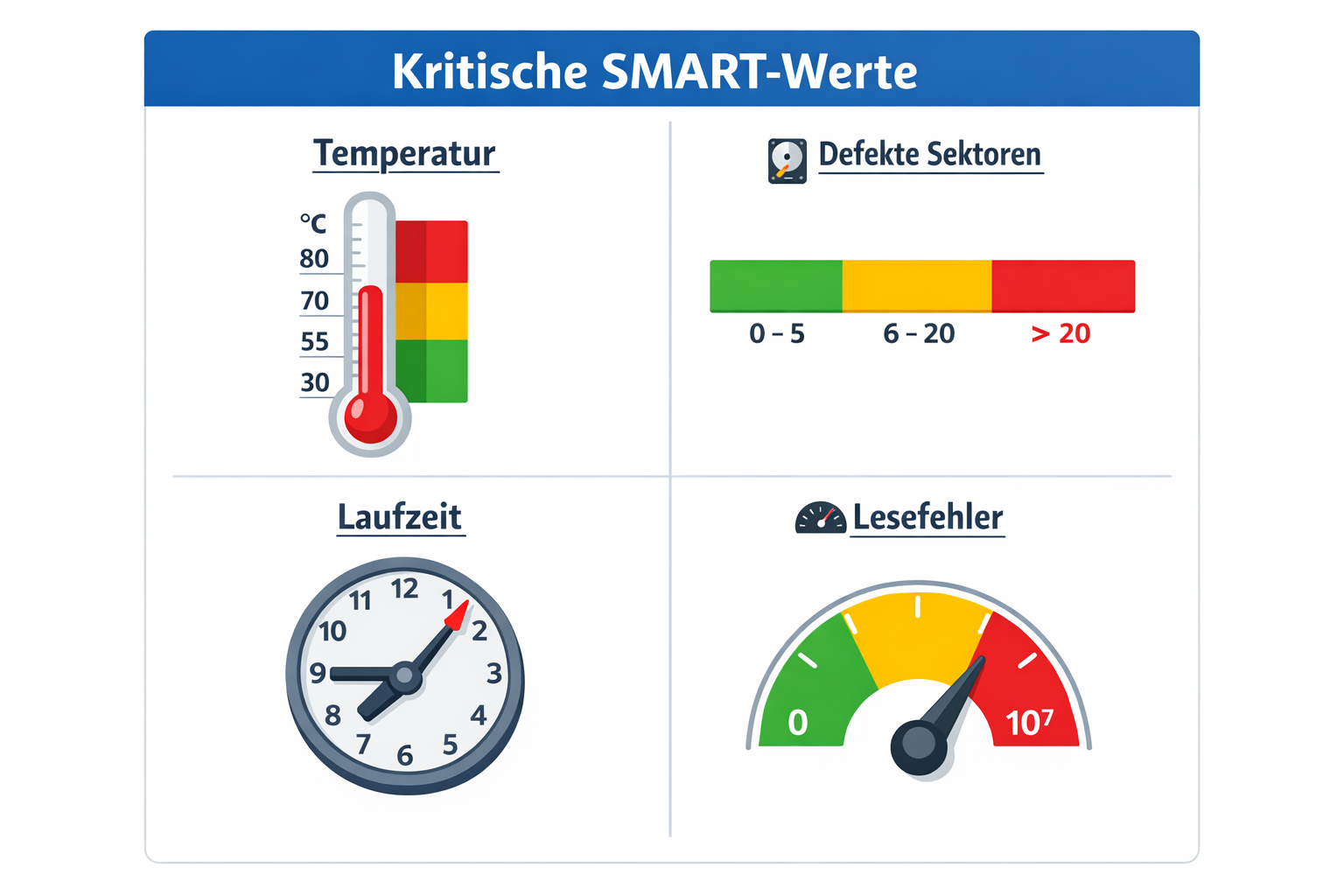 SMART-Werte Übersicht mit kritischen Grenzwerten für Festplatten-Gesundheit