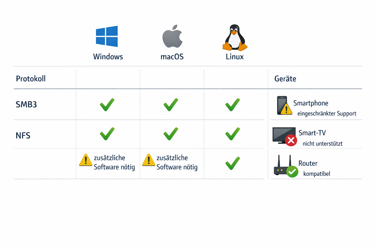 Kompatibilitäts-Matrix SMB vs NFS für verschiedene Betriebssysteme und Geräte