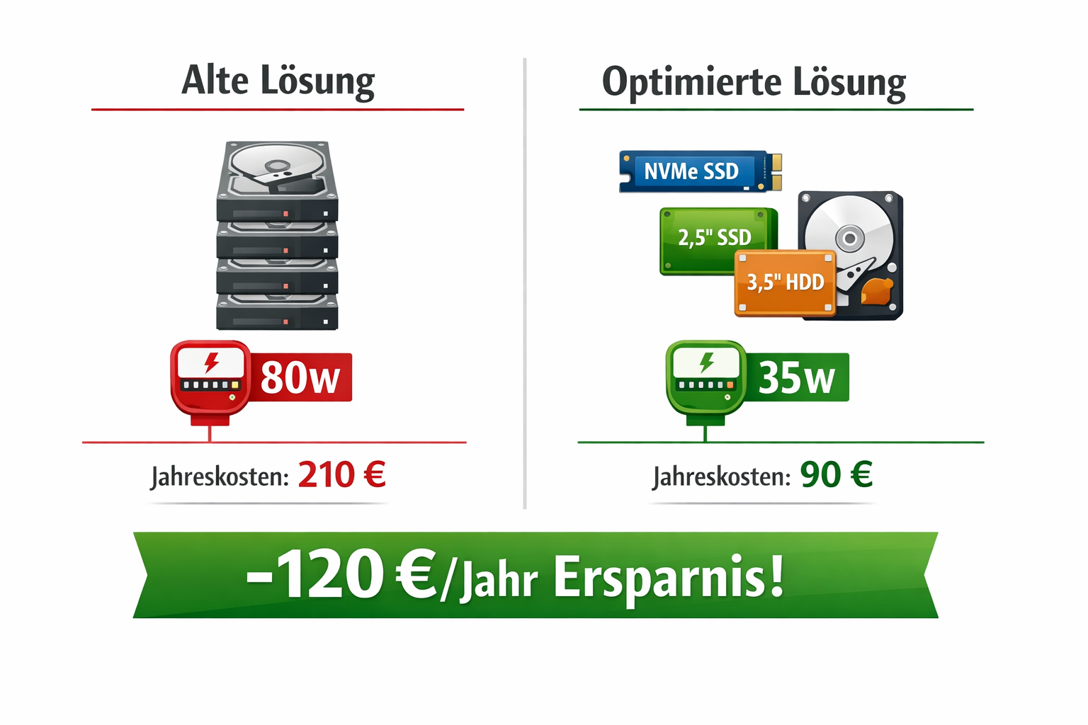 Stromverbrauch Vergleich alte HDD-Lösung vs moderne SSD-HDD-Kombination mit Kostenersparnis