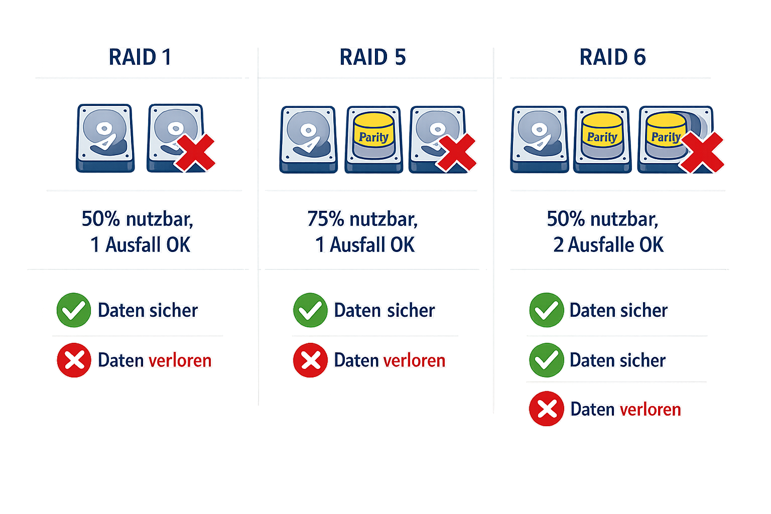 RAID Vergleich Diagramm: RAID 1 vs RAID 5 vs RAID 6 Ausfallsicherheit