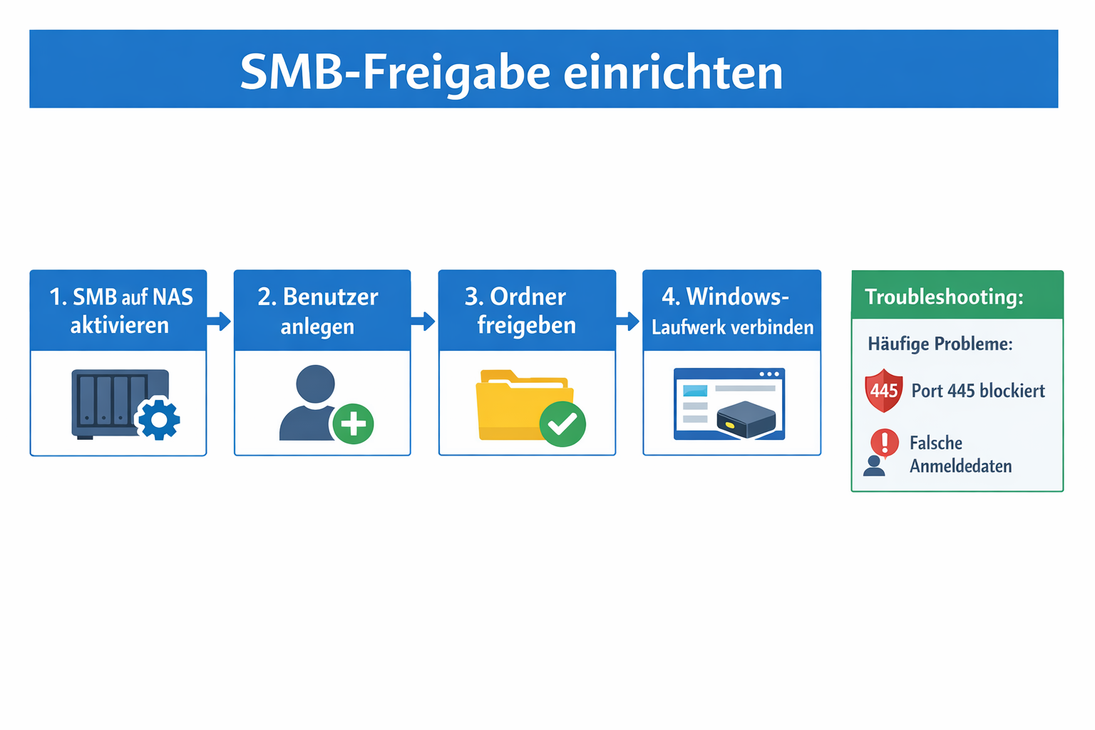 Flussdiagramm zeigt 4 Schritte zur SMB-Freigaben Einrichtung von NAS bis Windows