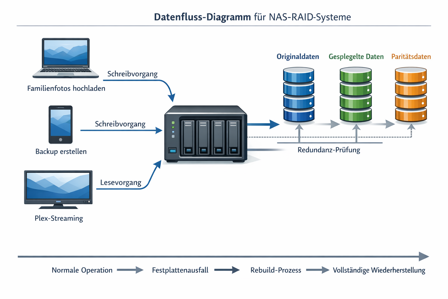 NAS RAID Datenfluss-Diagramm mit Backup-Prozess und Ausfallsicherheit