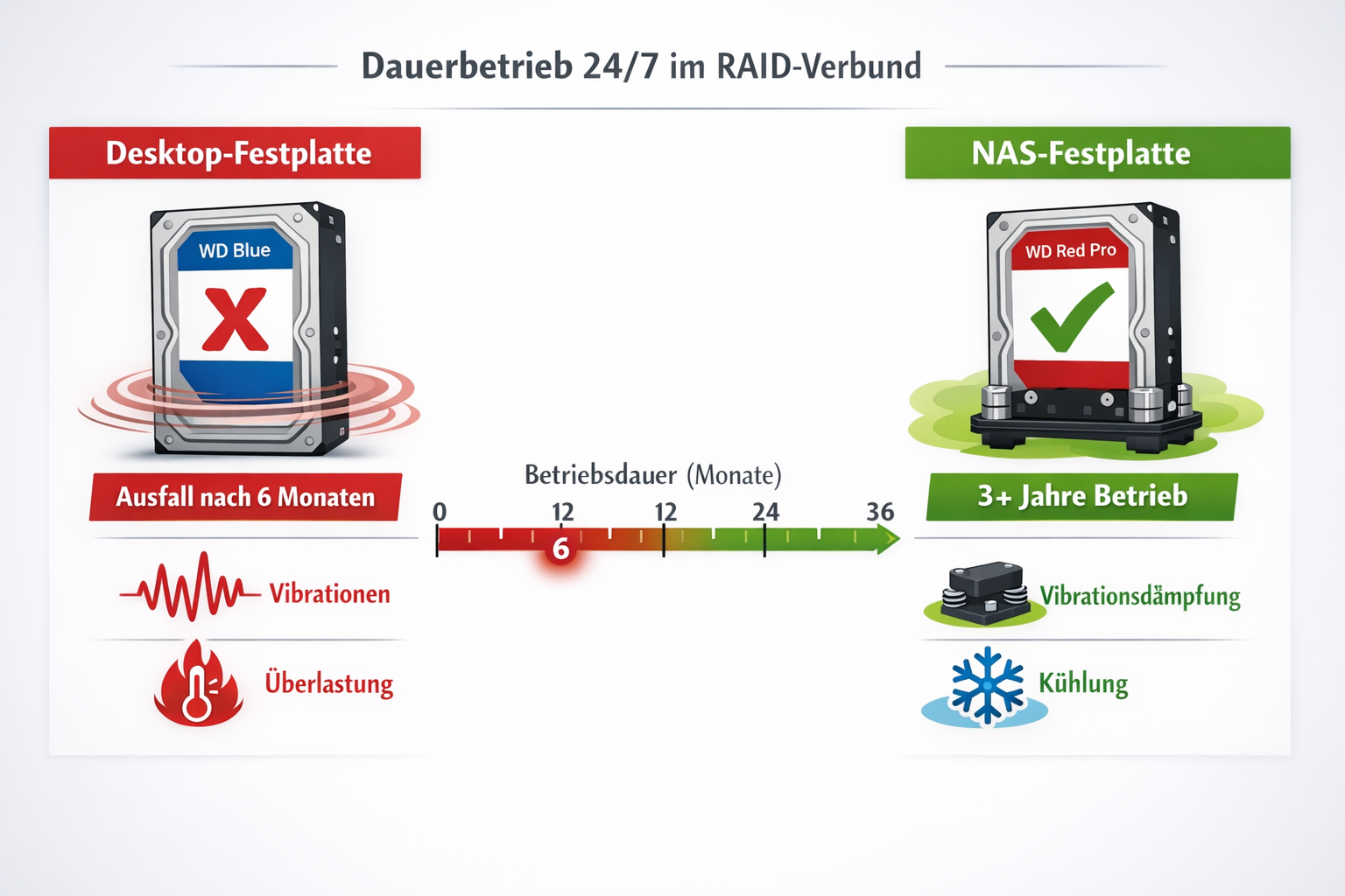 Vergleichsdiagramm Desktop-Festplatte vs NAS-Festplatte im RAID-Dauerbetrieb mit Lebensdauer-Timeline