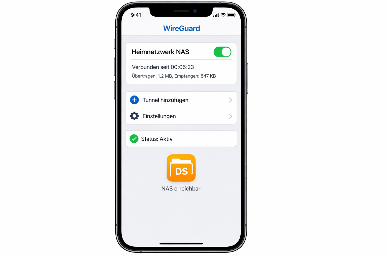 WireGuard iPhone App Screenshot mit aktiver NAS-VPN-Verbindung