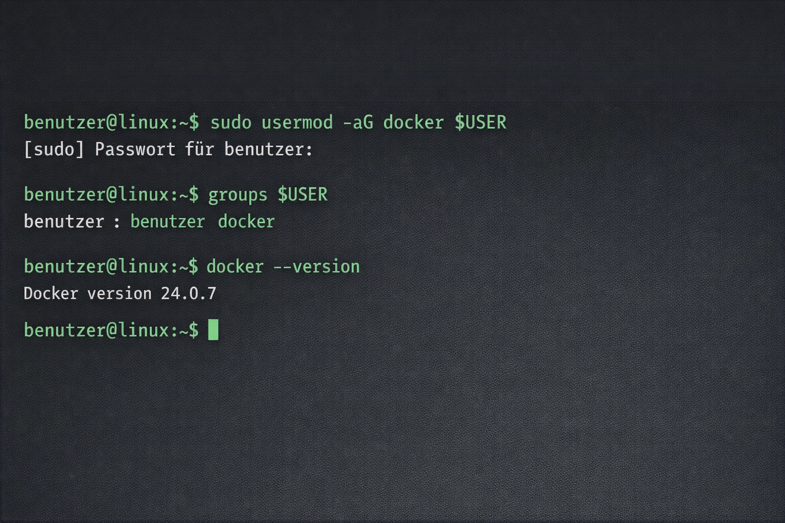 Linux Terminal Docker Benutzergruppe hinzufügen und Version prüfen ohne sudo