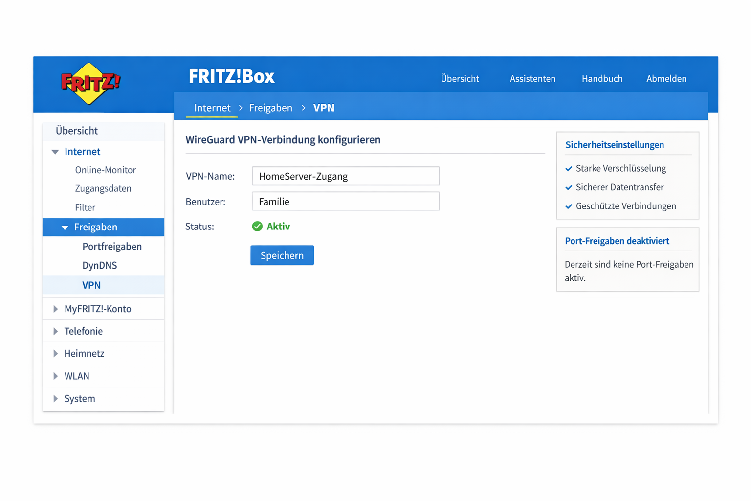 FRITZ!Box Router Interface für WireGuard VPN-Konfiguration und Sicherheitseinstellungen