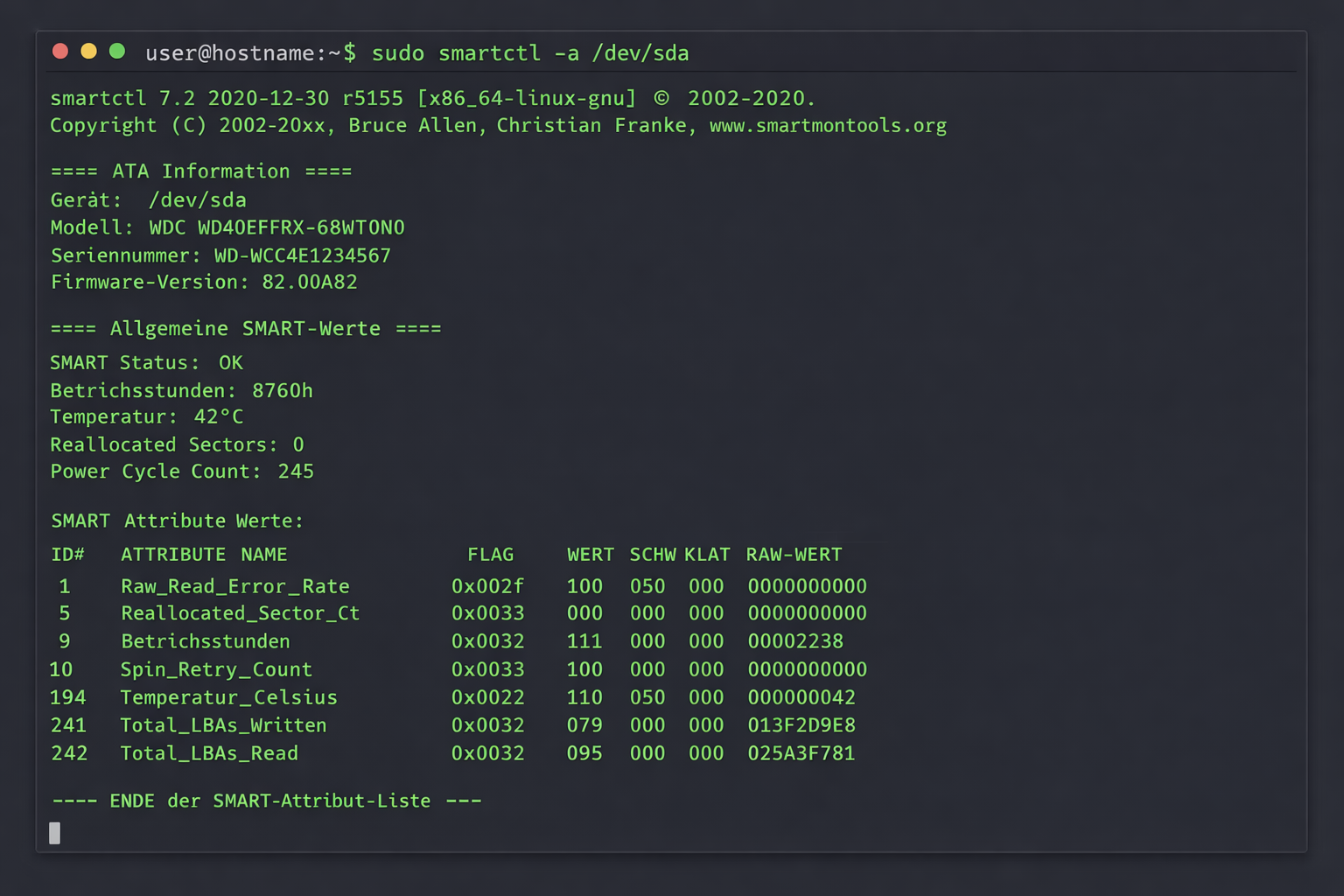 SMART-Daten Analyse Terminal Screenshot einer WD Red NAS-Festplatte mit Gesundheitsstatus