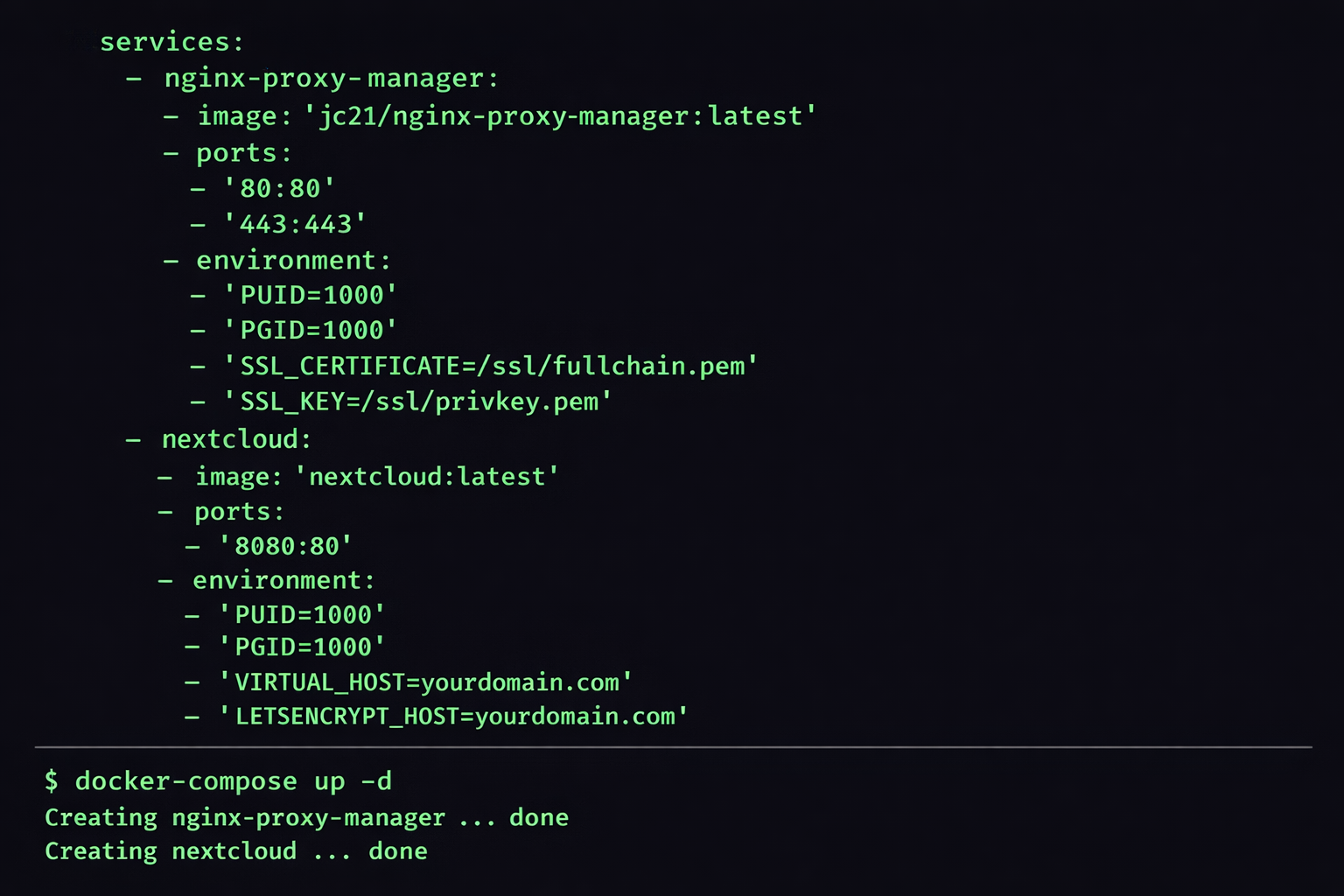 Docker Compose Terminal-Setup für Nextcloud mit Nginx Reverse Proxy Konfiguration
