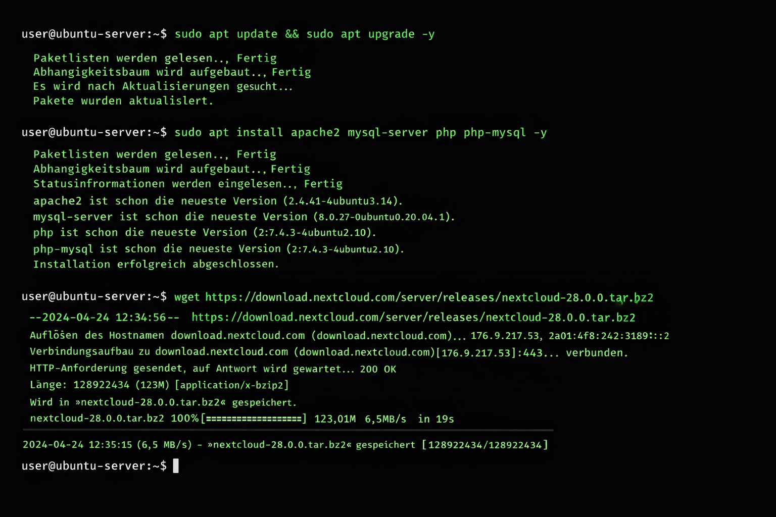 Terminal-Installation von Nextcloud auf Ubuntu Server mit deutschen Systemmeldungen