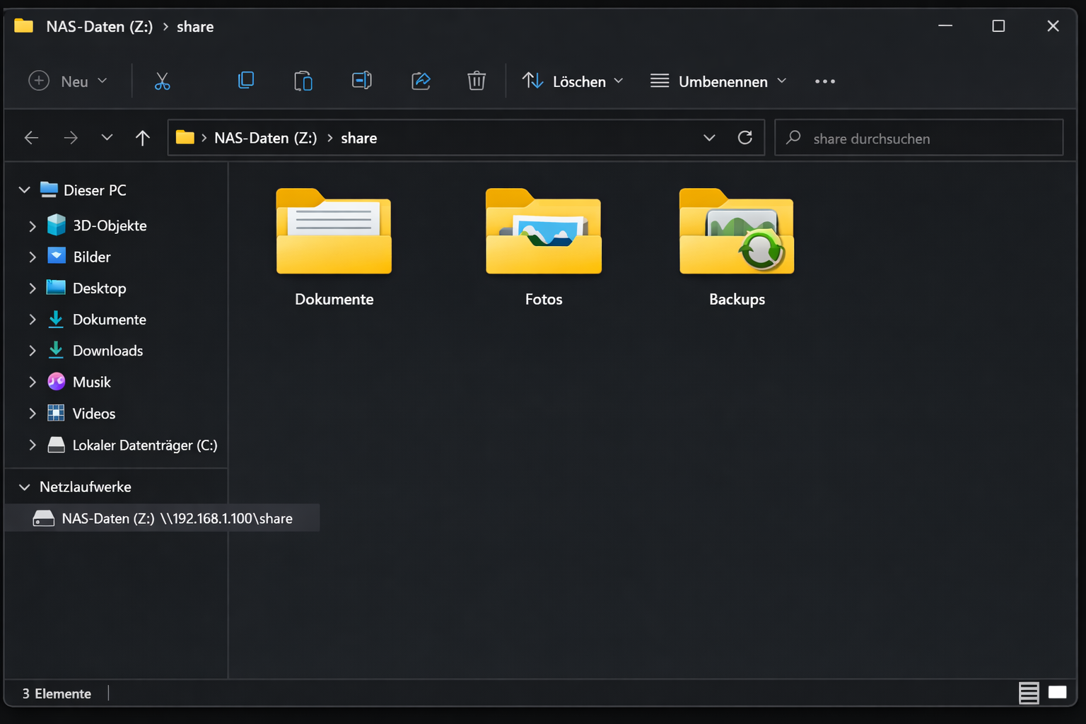 Windows Explorer mit erfolgreich verbundenem NAS-Netzlaufwerk über statische IP