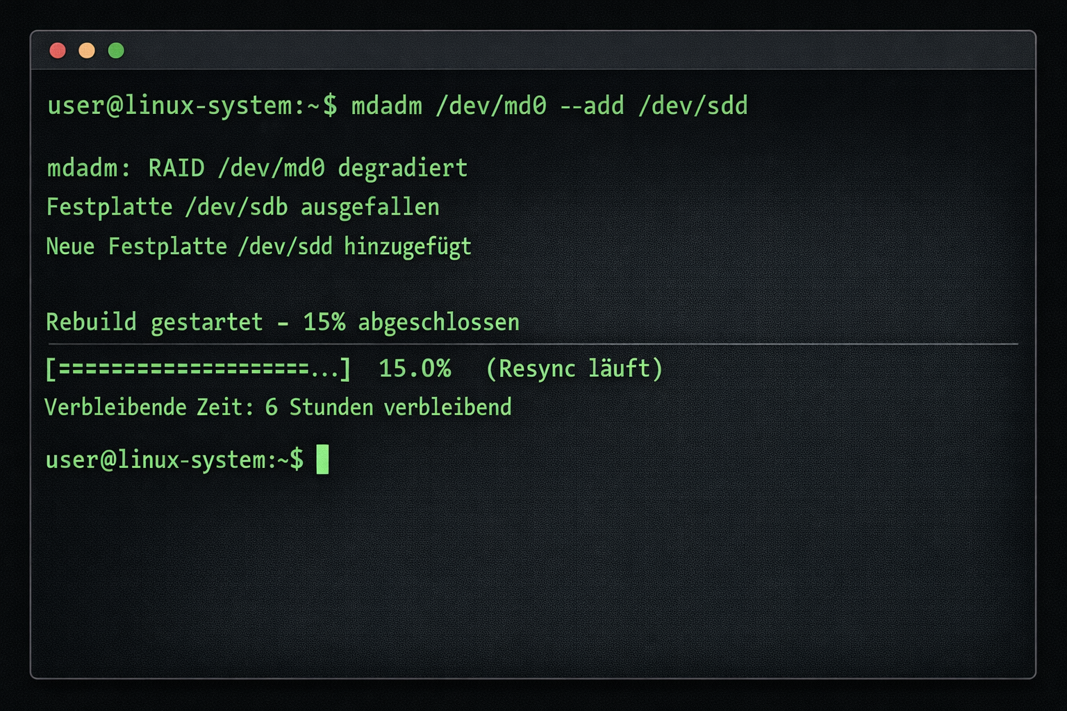 Linux Terminal zeigt RAID-Rebuild-Fortschritt mit mdadm-Befehlen