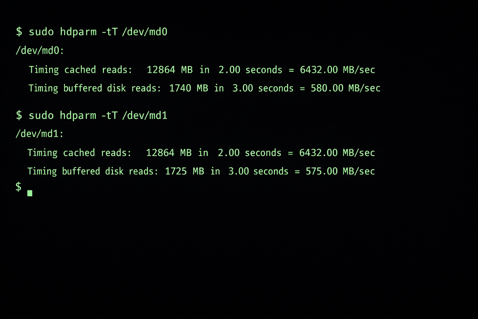 Terminal-Screenshot RAID Performance-Test mit hdparm Geschwindigkeitsmessung