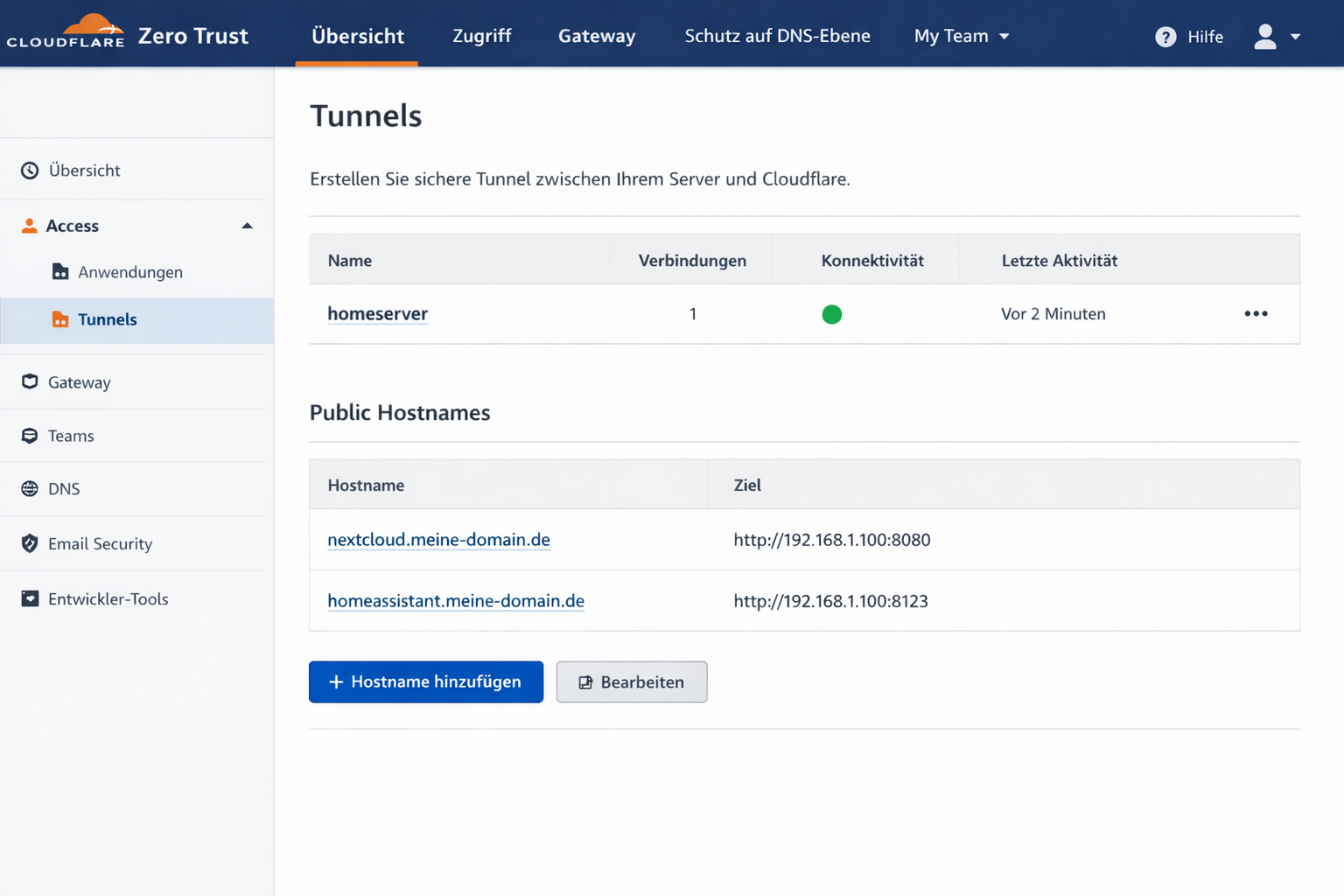 Cloudflare Zero Trust Dashboard Screenshot mit Tunnel-Konfiguration und Public Hostname Setup