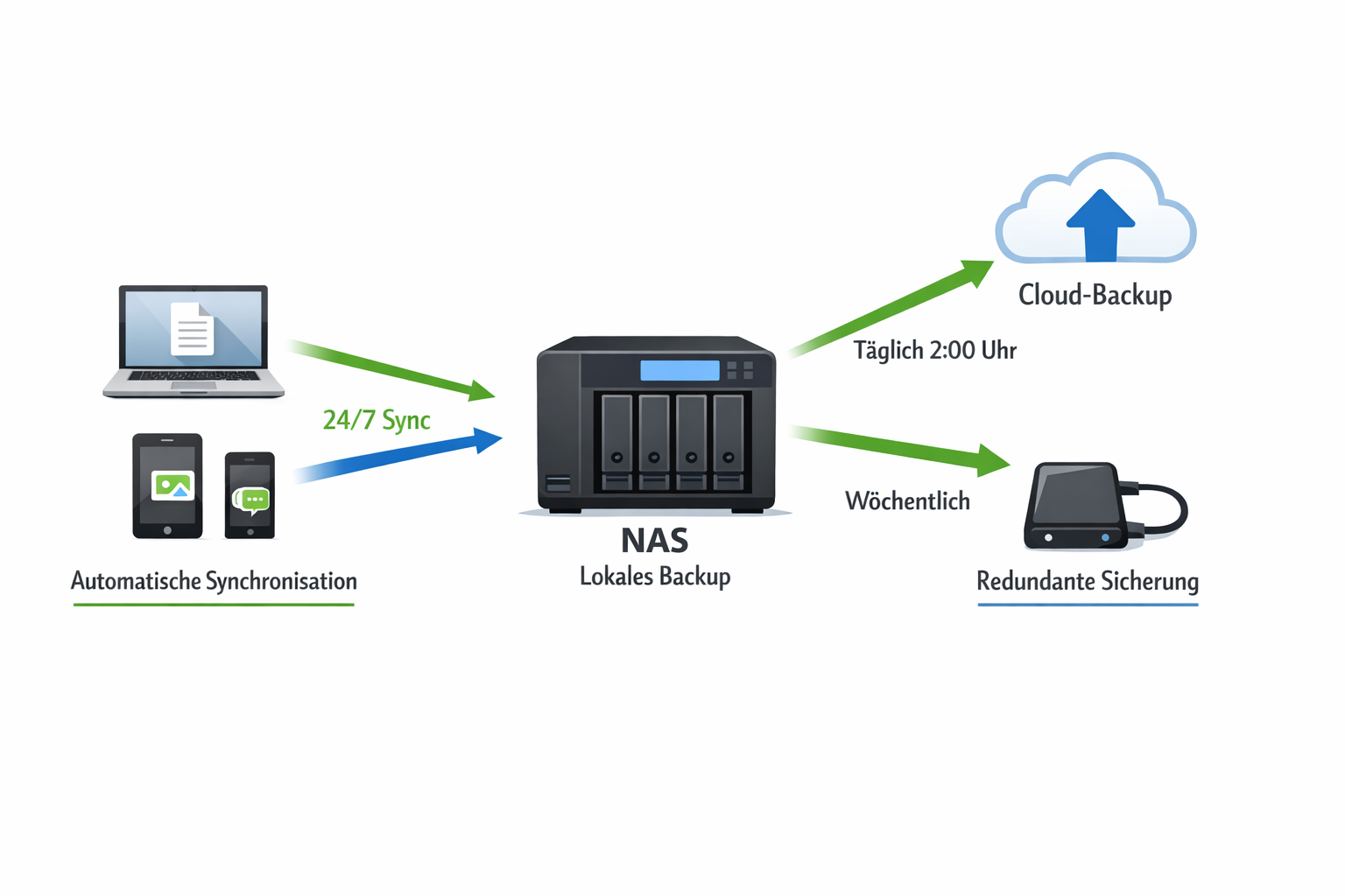 NAS Backup-Strategie Diagramm mit automatischer Synchronisation und redundanter Datensicherung