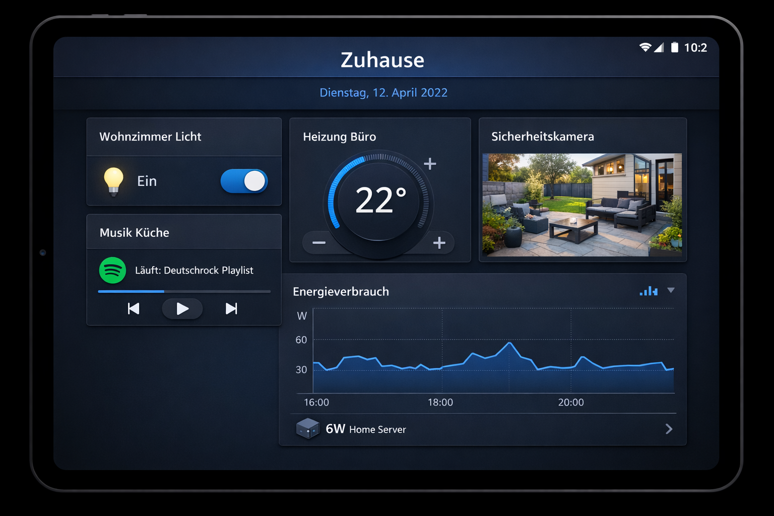 Home Assistant Dashboard Screenshot mit deutschen Smart Home Kontrollen auf Tablet
