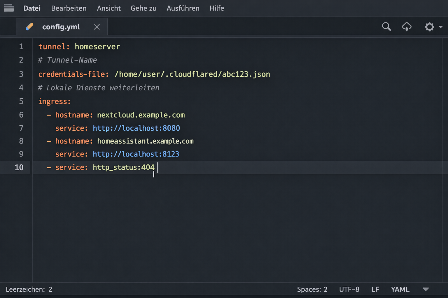 Cloudflare Tunnel YAML Konfigurationsdatei mit Hostname-Mapping für Nextcloud und Home Assistant