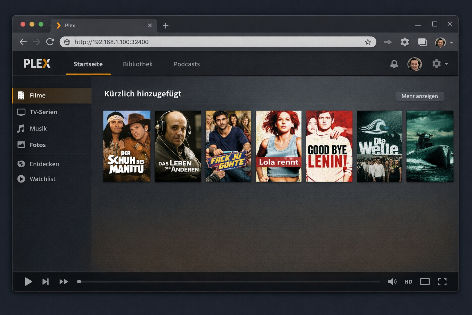 Plex Media Server Web-Interface Dashboard mit deutscher Benutzeroberfläche und Filmsammlung