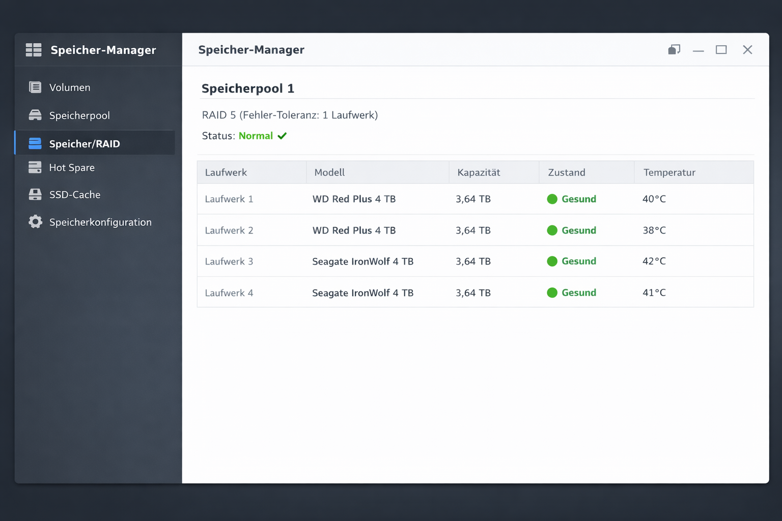 NAS Storage Manager Interface Screenshot mit WD Red und Seagate IronWolf Festplatten-Status
