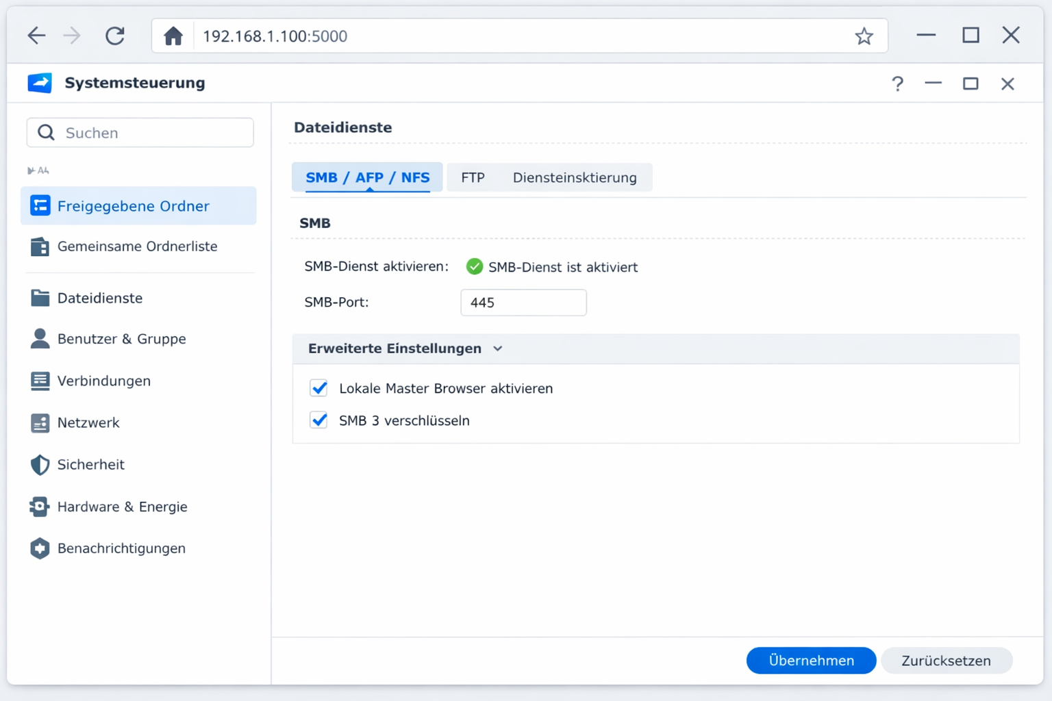Synology DSM Interface zeigt SMB-Dienst Konfiguration mit aktivierten Einstellungen