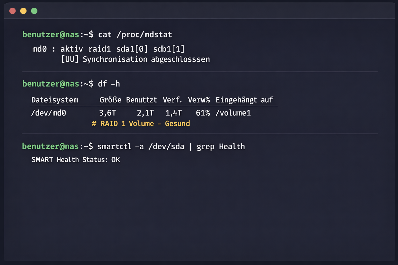 Linux Terminal Screenshot mit RAID-Status-Befehlen und Festplatten-Gesundheitsprüfung