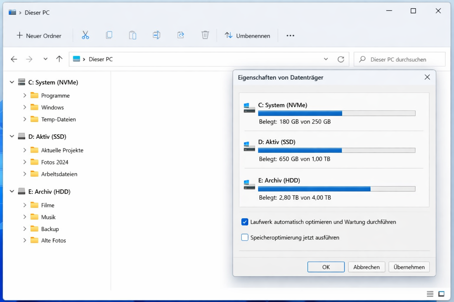 Windows Explorer zeigt optimale Speicher-Aufteilung zwischen NVMe SSD, SATA SSD und HDD