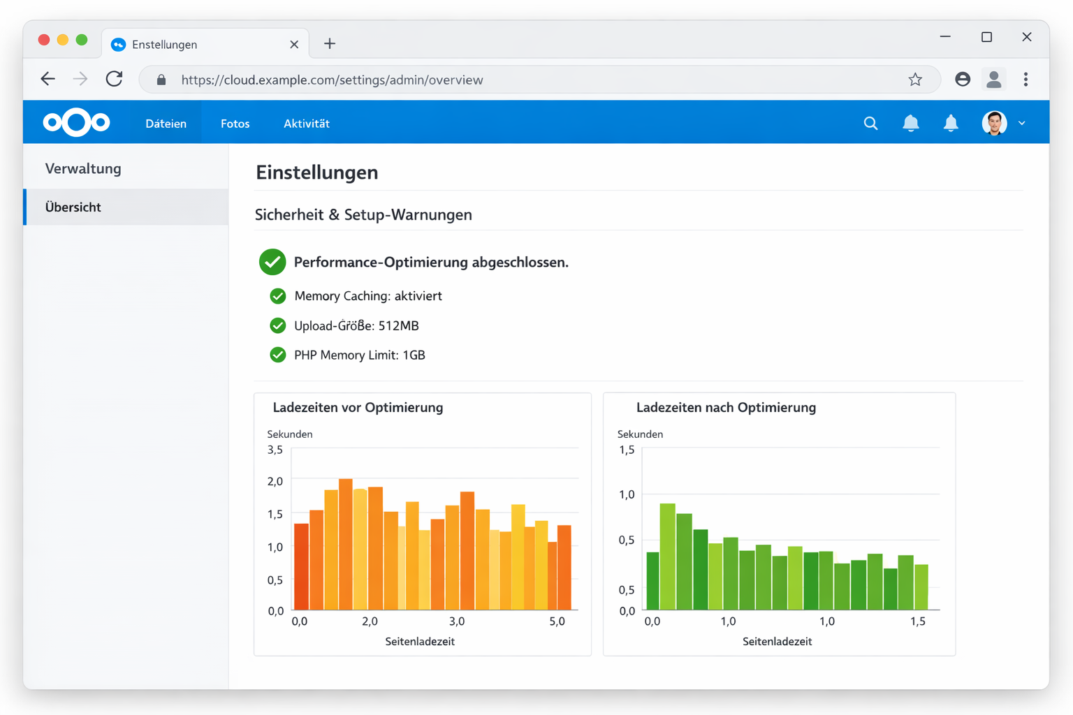 Nextcloud Admin-Panel Performance-Einstellungen Screenshot mit aktiviertem Caching und optimierten Upload-Limits