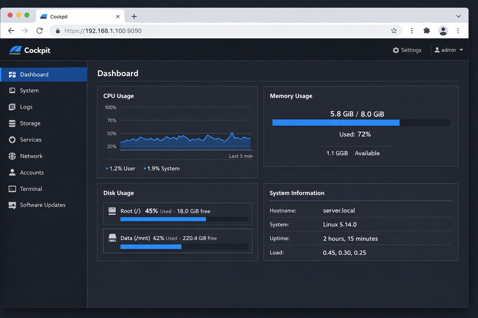 Cockpit Web-Interface Screenshot für Home Server Verwaltung - benutzerfreundliche grafische Oberfläche