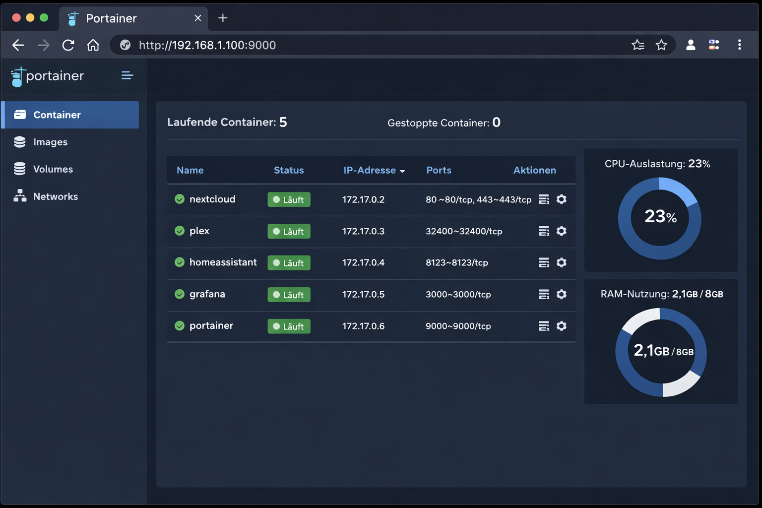 Portainer Docker Management Interface mit laufenden Home Server Containern Dashboard